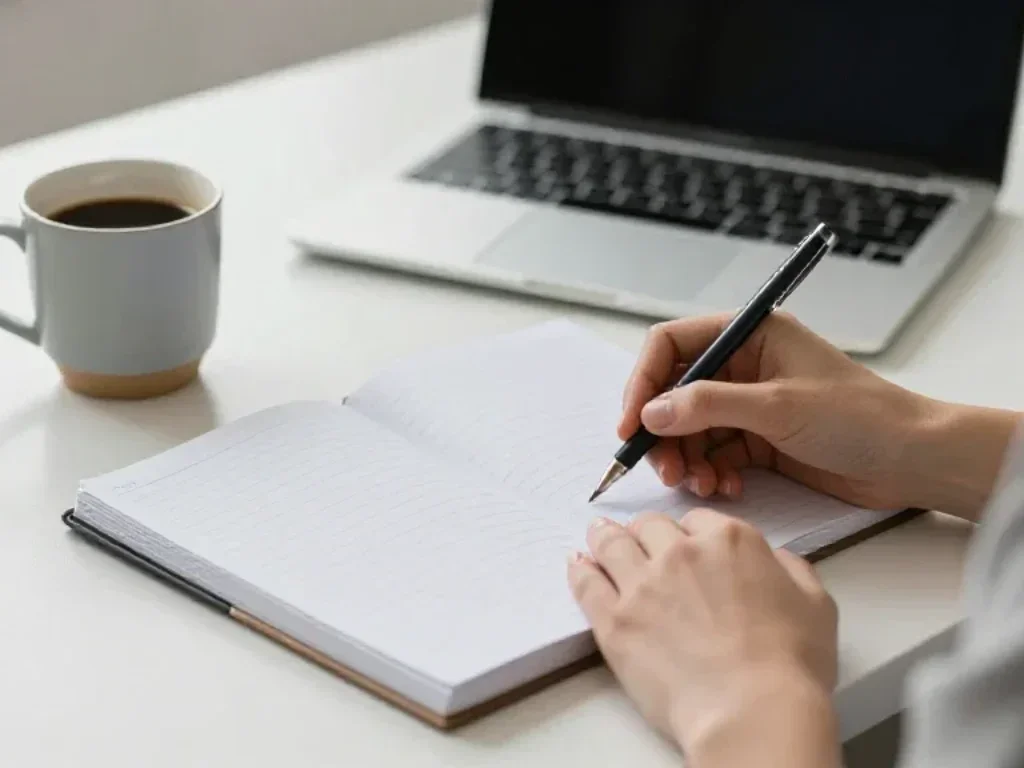 Cuaderno con cifras y café sobre escritorio moderno, simbolizando un análisis empresarial calmado y profesional.