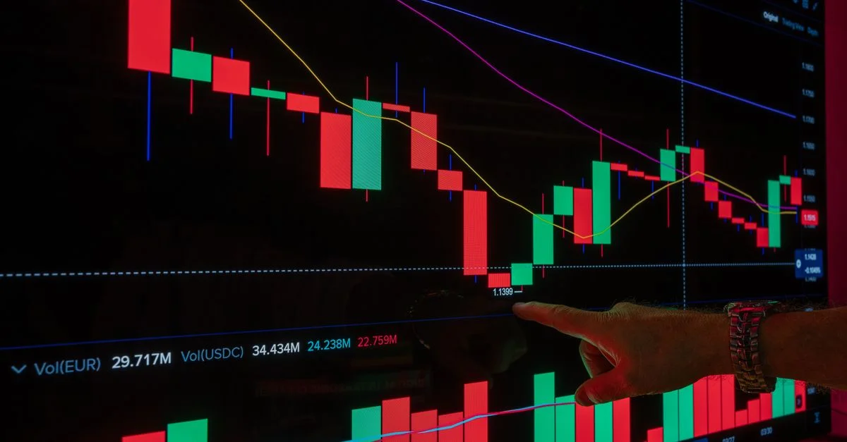 Análisis de las tendencias del mercado financiero mediante un gráfico de velas japonesas en una pantalla digital.