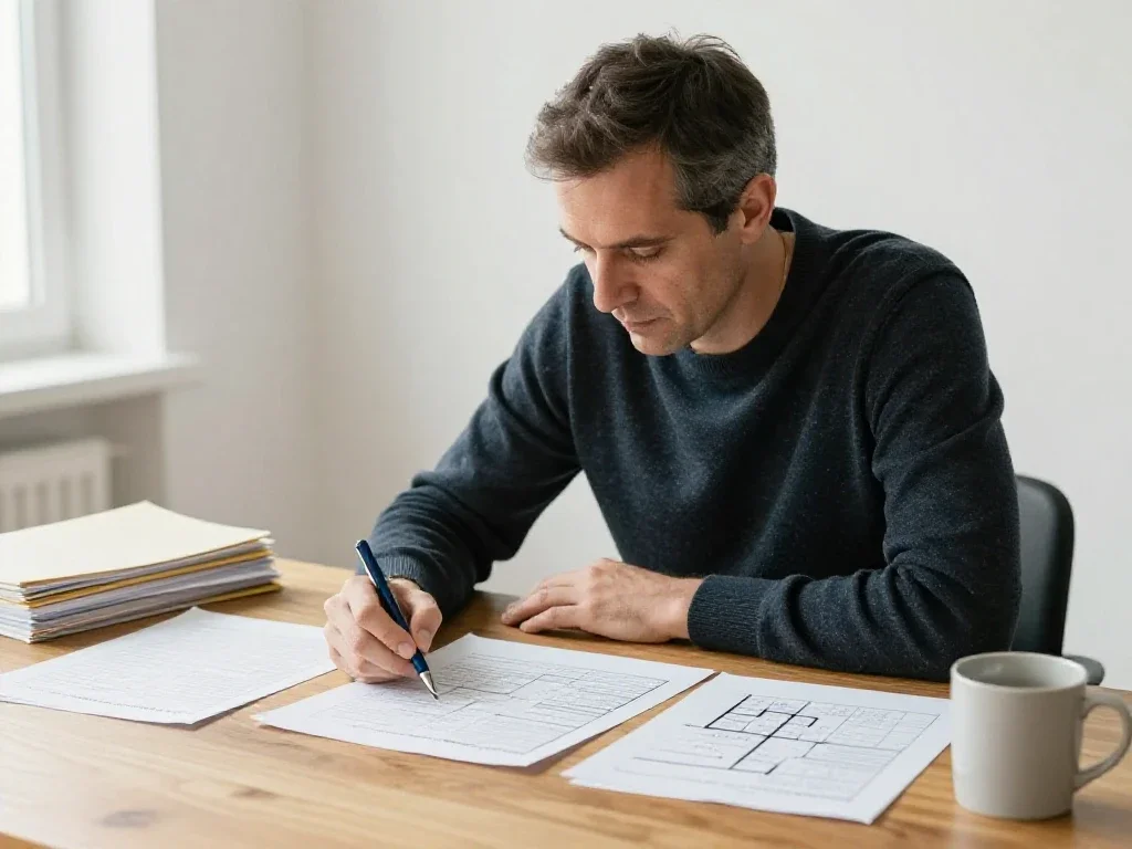 Emprendedor español revisando planes estratégicos con calma y criterio en su mesa de trabajo.