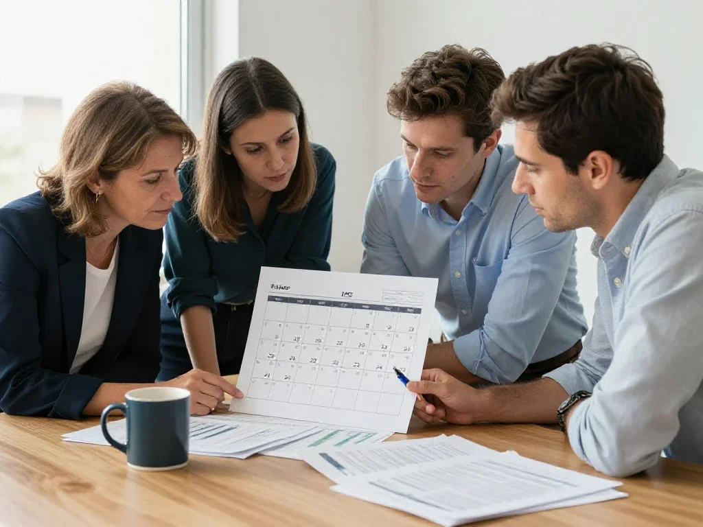 Equipo profesional analizando con detalle calendarios y documentos en una oficina serena y luminosa.