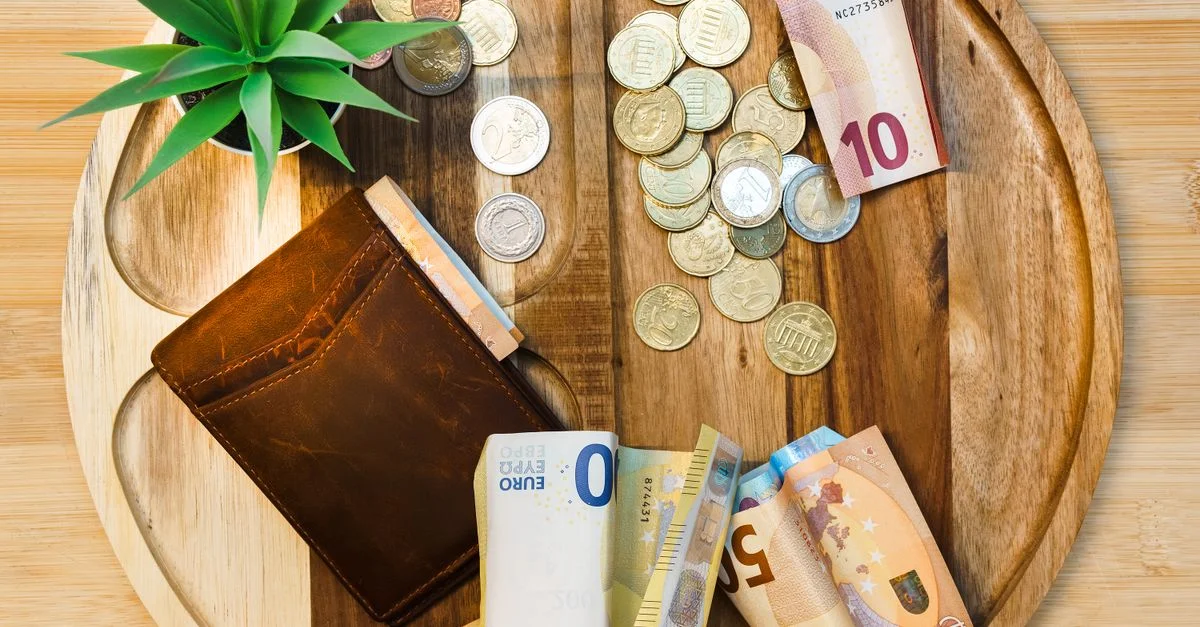 Billetes y monedas de euro en una bandeja de madera con billetera y planta.