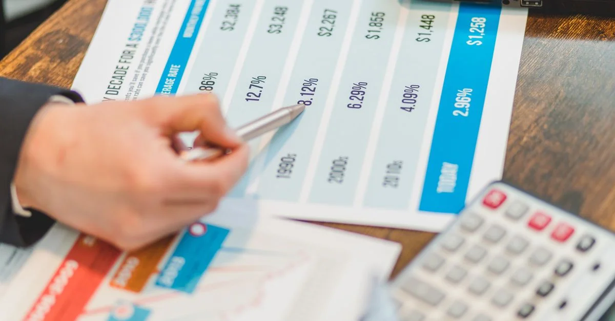 Primer plano de documentos financieros con gráficos y una calculadora utilizada para análisis empresarial.
