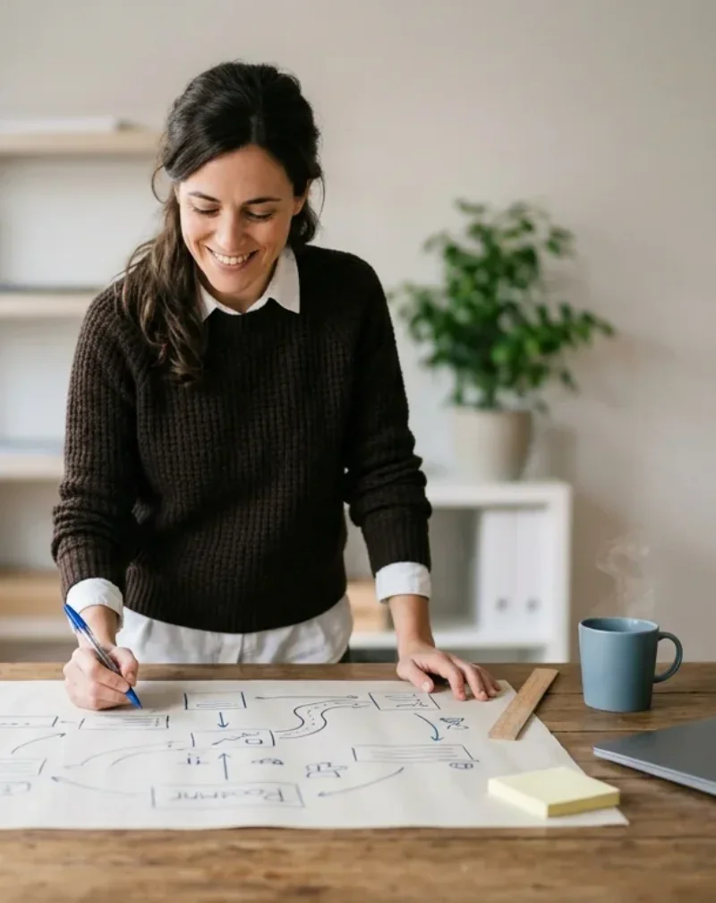 Emprendedora dibujando a mano una hoja de ruta con flechas y etapas sobre una mesa de trabajo, junto a una calculadora, carpetas y una taza de café.